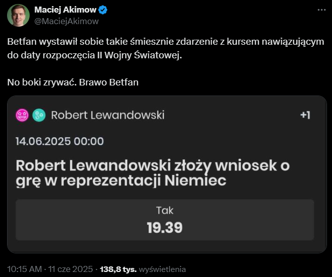 Polski buk wystawił TAKI KURS na grę Lewego dla...